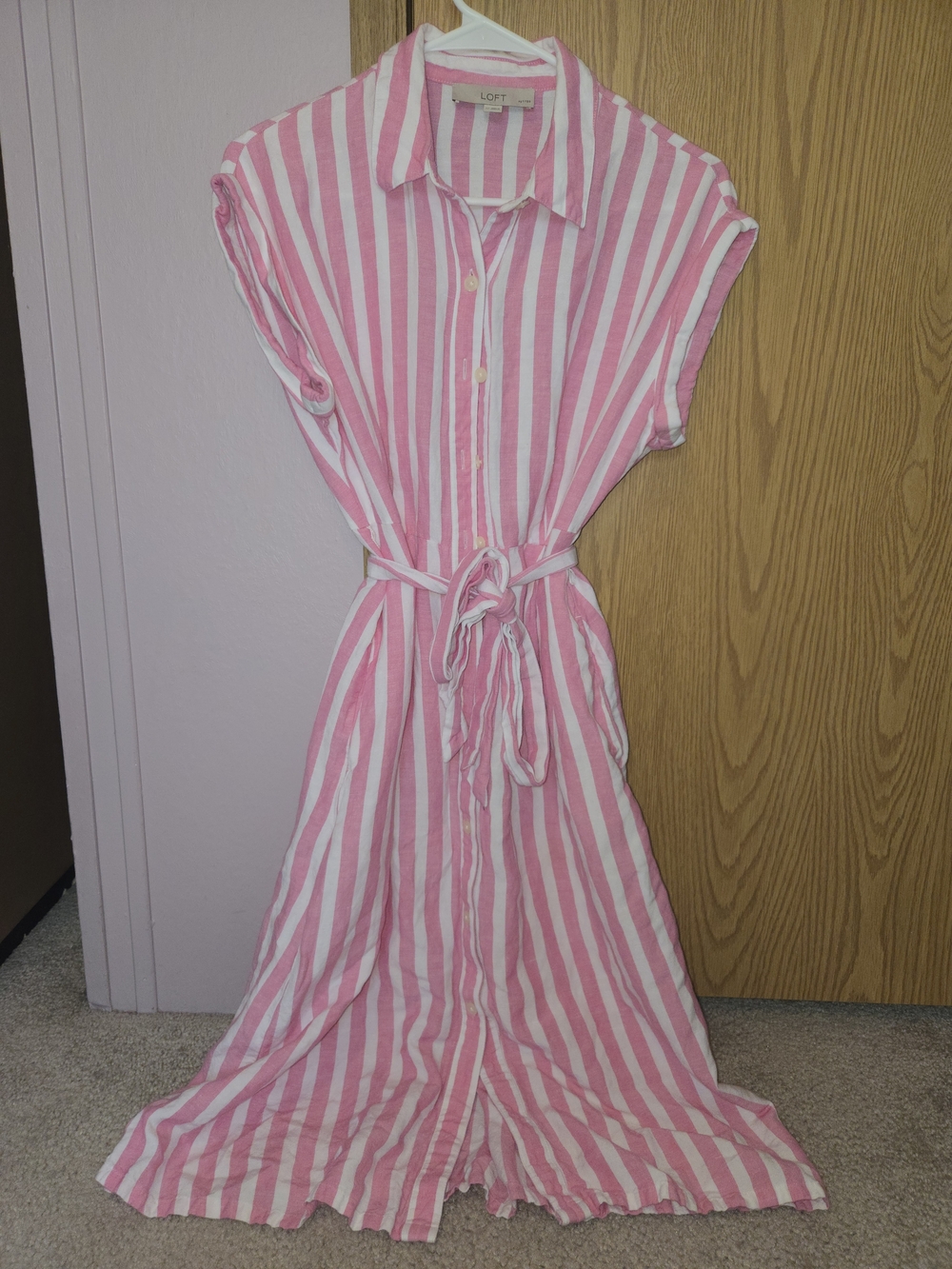 LOFT Pink & White Striped Midi Shirt Dress with Tie Waist